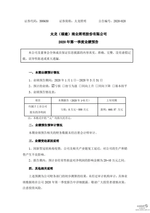 太龙照明：2020年第一季度业绩预告