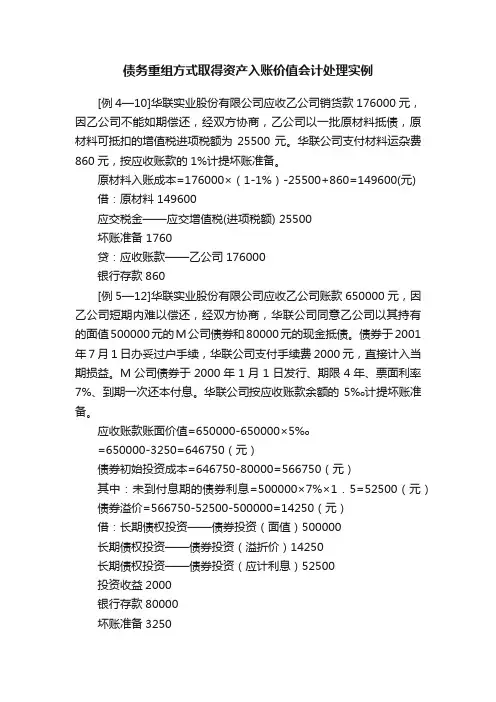 债务重组方式取得资产入账价值会计处理实例