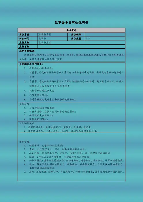 监事会委员职位说明书