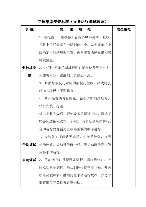 立体车库安装标准(设备运行调试规范)