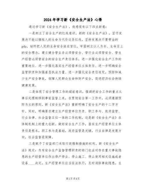 2024年学习新《安全生产法》心得(2篇)