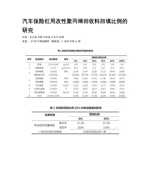 汽车保险杠用改性聚丙烯回收料回填比例的研究