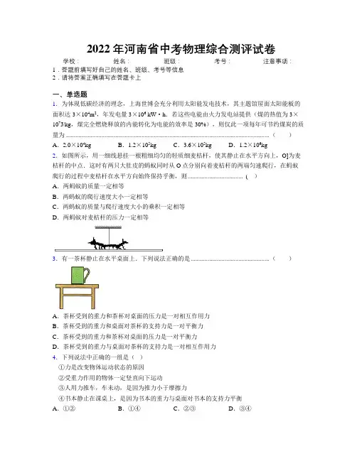 最新2022年河南省中考物理综合测评试卷附解析
