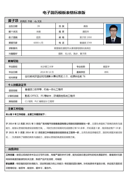 电子简历模板表格标准版