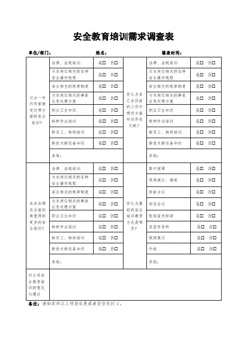 企业职工安全教育培训需求调查表