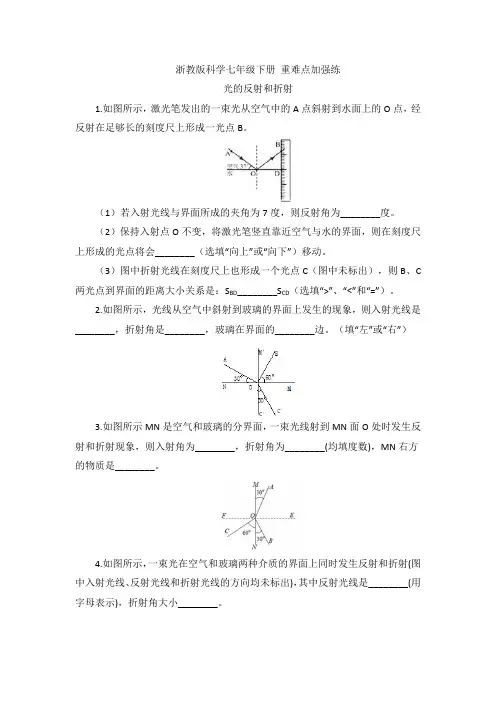 浙教版科学七年级下册 重难点加强练 光的反射和折射 专题练习(含解析)