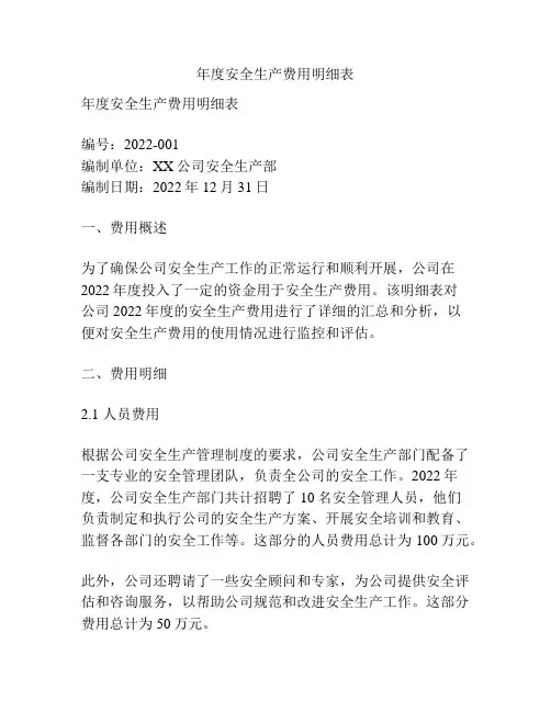 年度安全生产费用明细表
