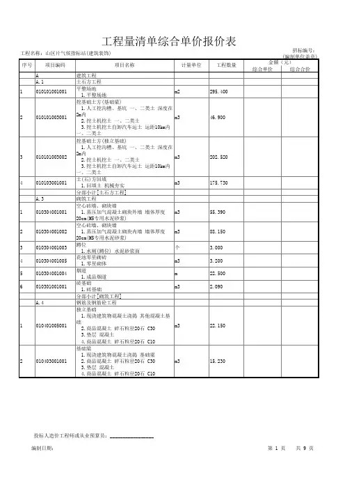 工程量清单综合单价报价表