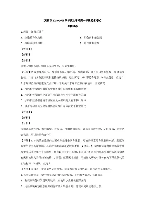 高一上学期期末考试生物试题含解析 (33)