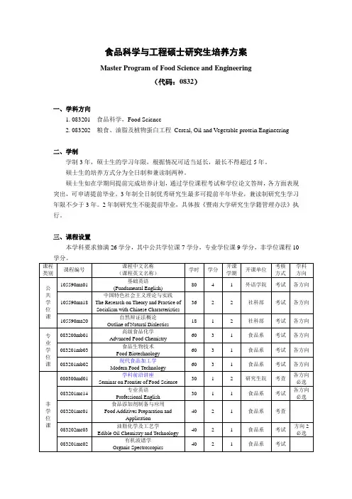 食品科学与工程硕士研究生培养方案