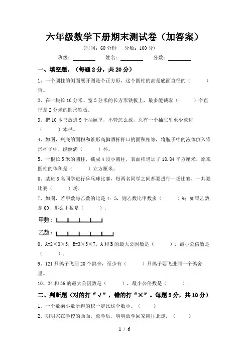 六年级数学下册期末测试卷(加答案)