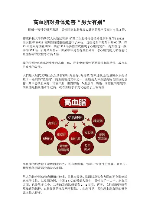 高血脂对身体危害“男女有别”