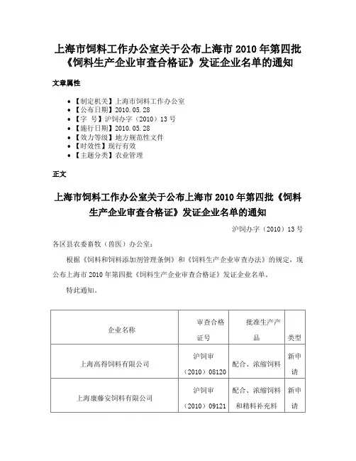 上海市饲料工作办公室关于公布上海市2010年第四批《饲料生产企业审查合格证》发证企业名单的通知