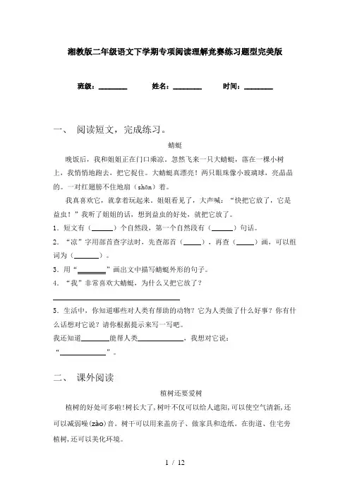 湘教版二年级语文下学期专项阅读理解竞赛练习题型完美版