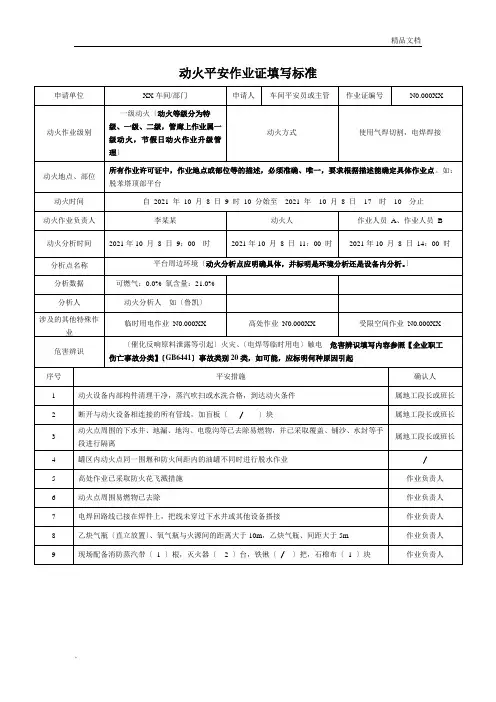 动火安全作业证填写范本