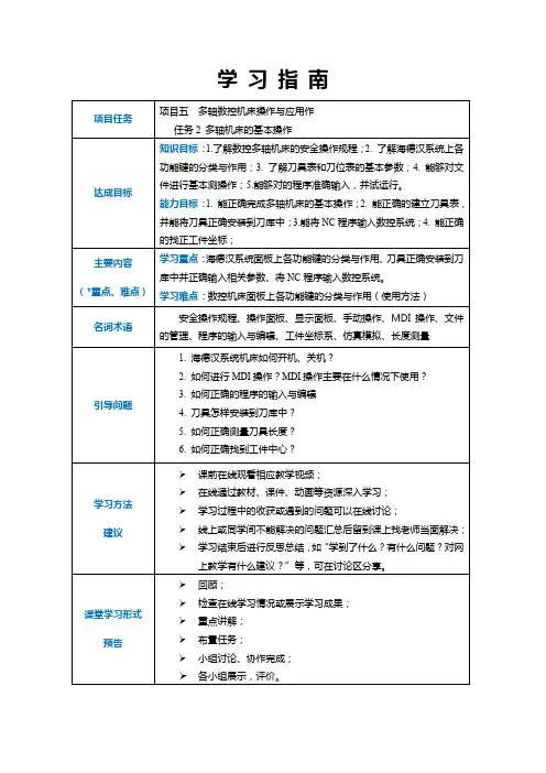 数控机床应用与操作 学习指南5-2  多轴机床的基本操作