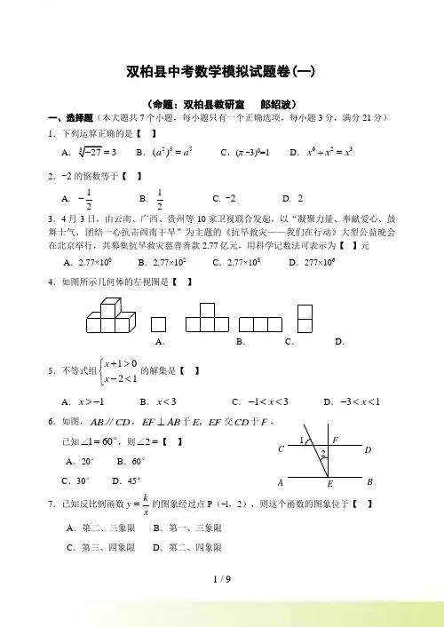 双柏县中考数学模拟考试题卷（一）