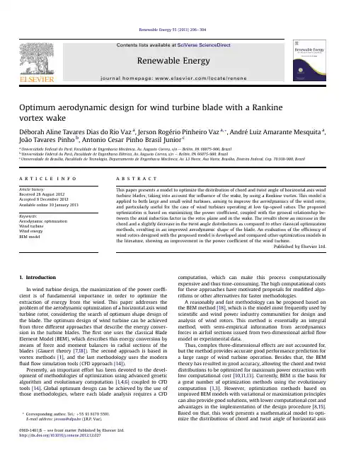 Optimum aerodynamic design for wind turbine blade with a Rankine vortex wake