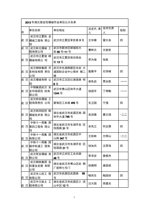 2013年湖北营业性爆破作业单位公示名单