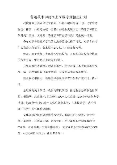 鲁迅美术学院在上海顺序批招生计划