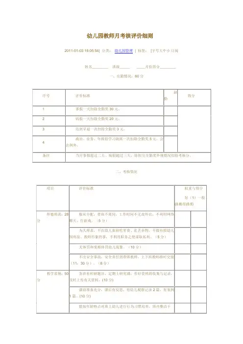 幼儿园教师月考核评价细则