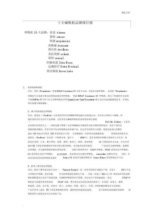 十大呼吸机品牌排行榜