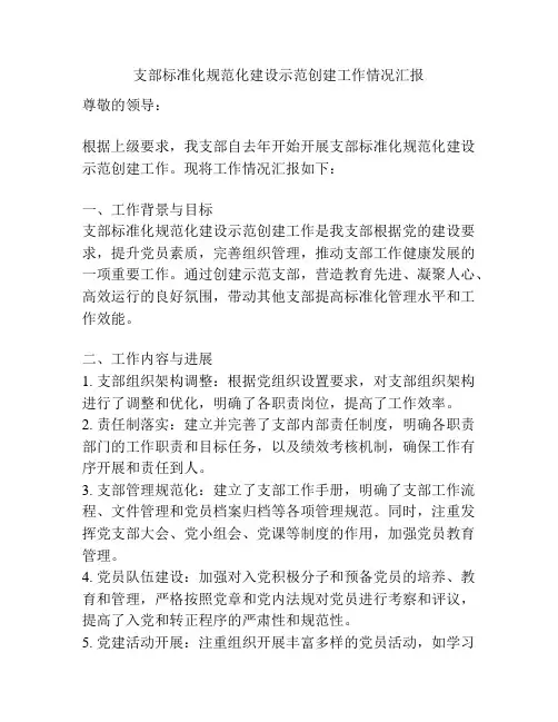 支部标准化规范化建设示范创建工作情况汇报