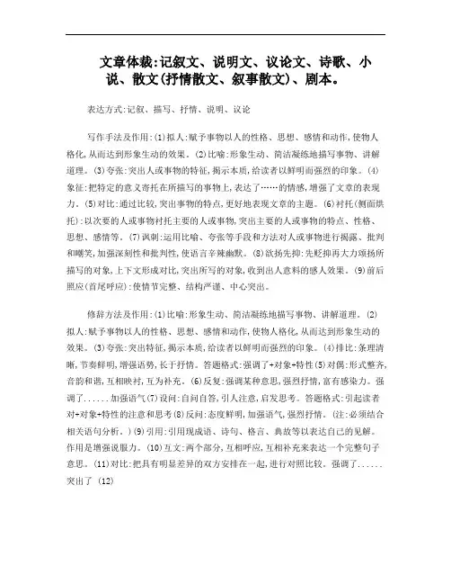 小学语文阅读文章体裁归纳