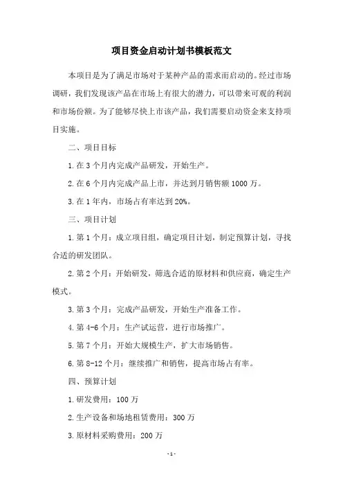 项目资金启动计划书模板范文