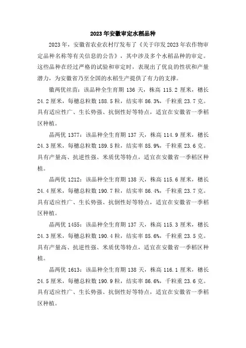 2023年安徽审定水稻品种