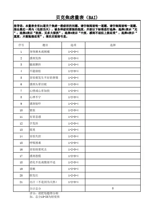 贝克焦虑量表(BAI)