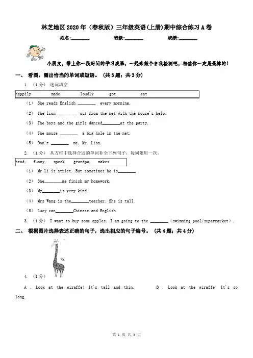林芝地区2020年(春秋版)三年级英语(上册)期中综合练习A卷