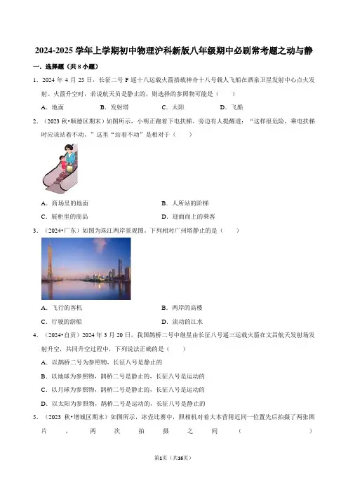  期中必刷常考题之动与静---2024-2025学年沪科版物理八年级上学期