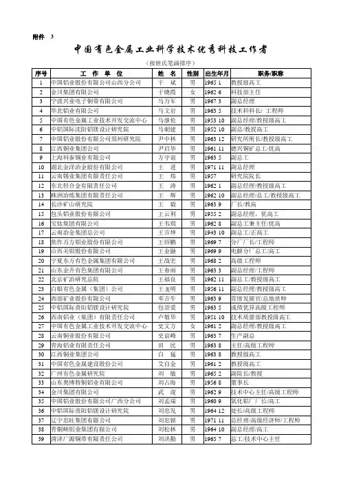 中国有色金属工业科学技术优秀科技工作者
