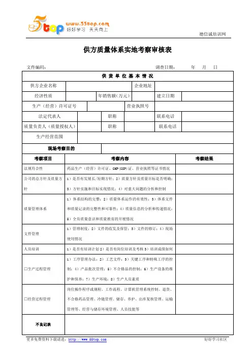 供方质量体系实地考察审核表