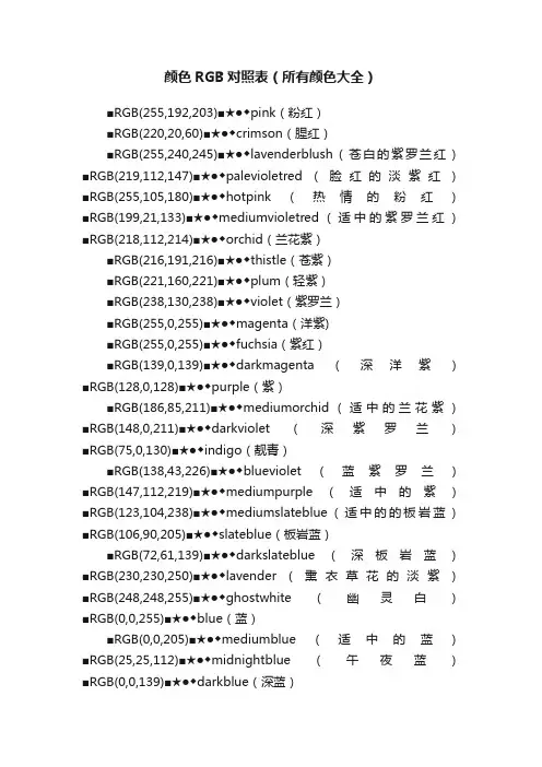 颜色RGB对照表（所有颜色大全）
