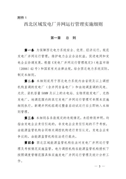 西北区域发电厂并网运行管理实施细则