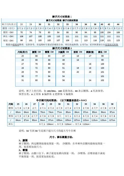 衣服尺码尺寸对应表