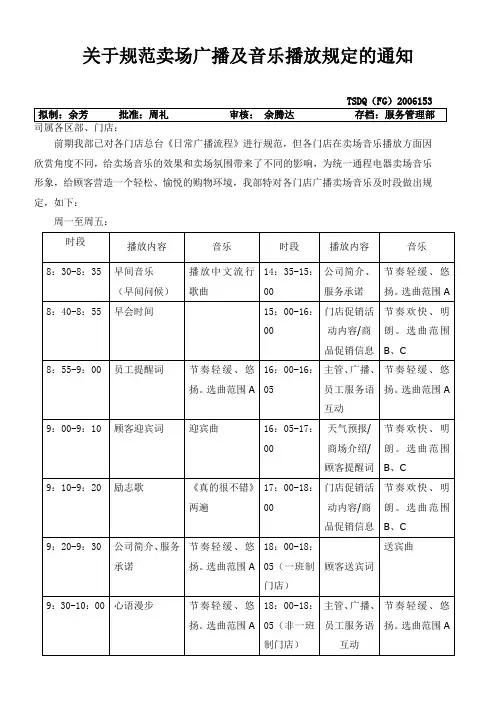 关于规范卖场音乐播放规定的通知TSDQ(FG)2006153(2)