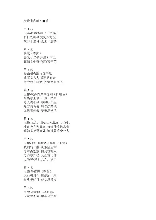 唐诗排名前100首