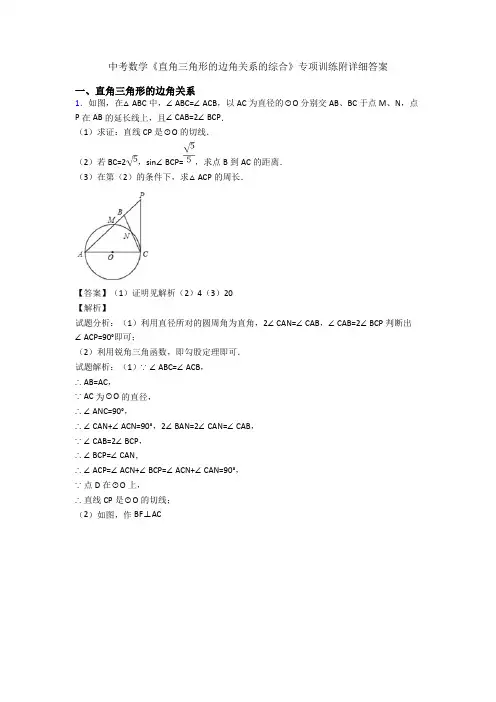 中考数学《直角三角形的边角关系的综合》专项训练附详细答案