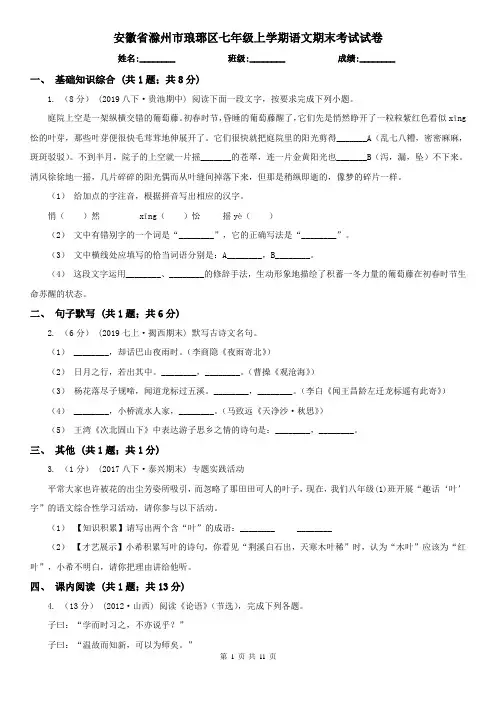 安徽省滁州市琅琊区七年级上学期语文期末考试试卷