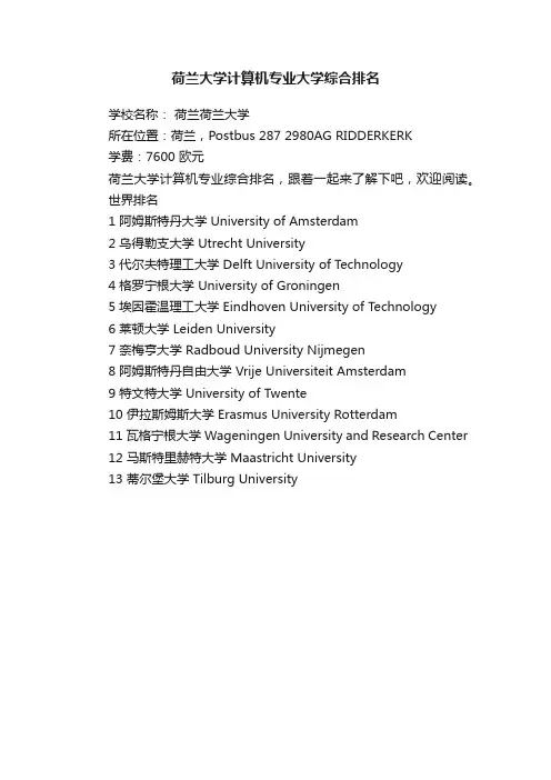 荷兰大学计算机专业大学综合排名