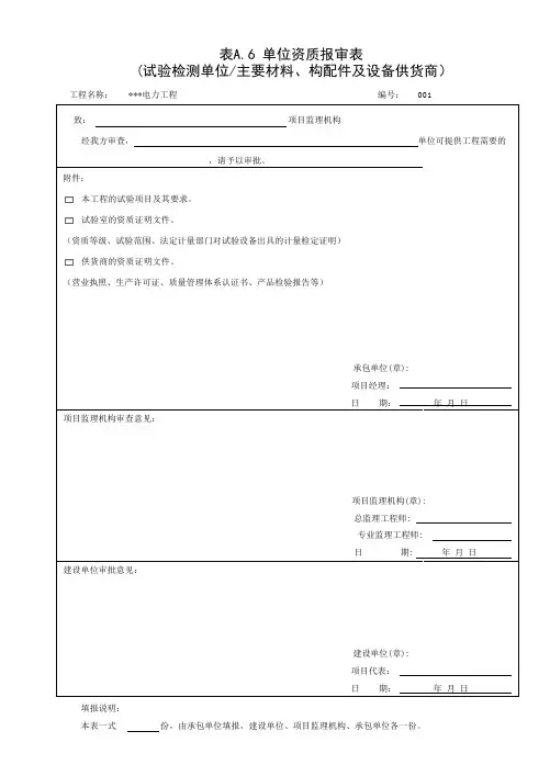 单位资质报审表(试验检测单位主要材料、构配件及设备供货商)