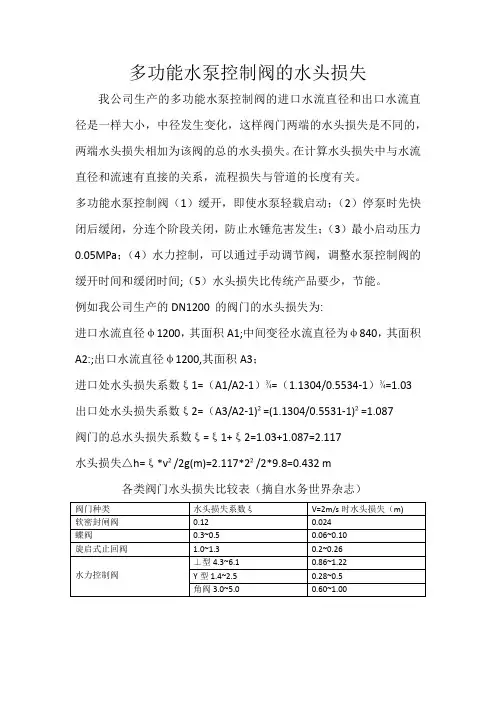 多功能水泵控制阀的水头损失