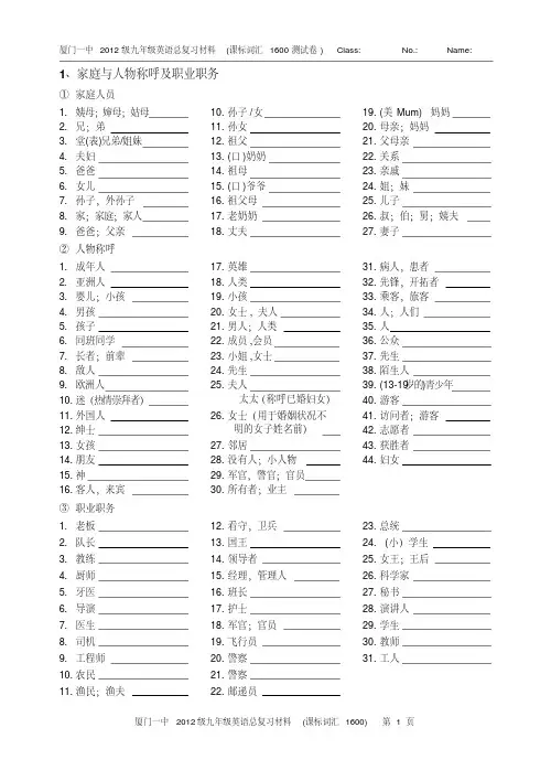 中考英语1600标准词汇分类速记表-测试卷(整理中)分析