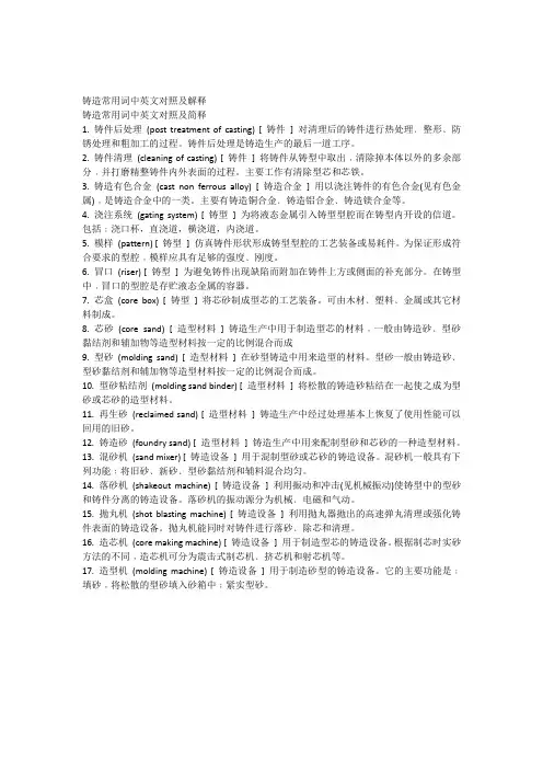 铸造常用词中英文对照及解释
