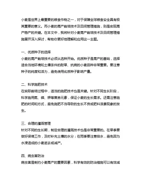 小麦高产栽培技术及田间管理措施
