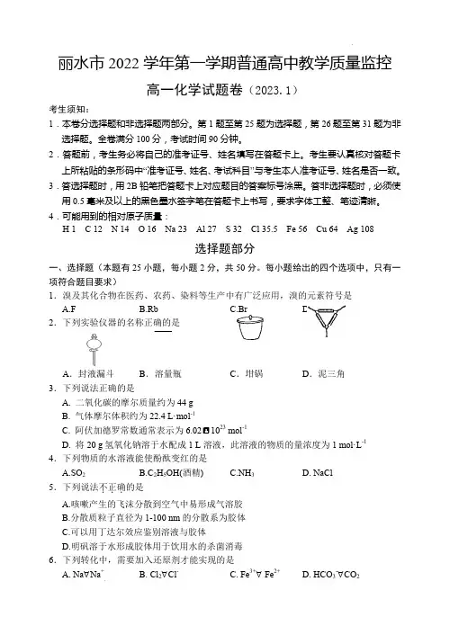 丽水市2022-2023学年高一上学期1月期末化学试题含答案