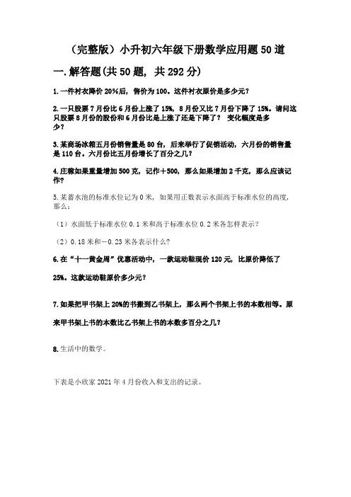 (完整版)小升初六年级下册数学应用题50道附参考答案【满分必刷】